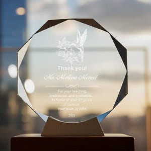 Personalized Crystal Hummingbird Award: Teacher & Leadership Appreciation