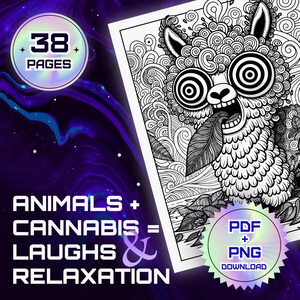 Dibujos para colorear de animales fumetas / 38 diseños con temática de cannabis / Libro para colorear para adultos / Tamaño A4 + Carta EE. UU. / Descarga instantánea