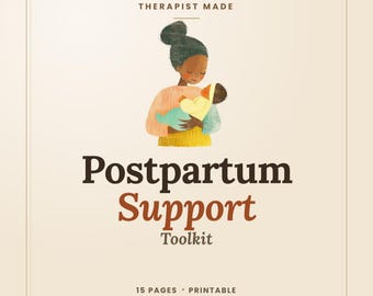 Peut inclure: Un graphique numérique avec le texte Therapist Made, Postpartum Support Toolkit, et 15 Pages Printable. L'illustration montre une personne aux cheveux foncés en chignon tenant un bébé enveloppé dans une couverture bleu clair et portant un haut jaune.