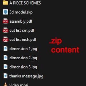 May include: A screenshot of a computer file directory labeled "A PIECE SCHEMES." The directory contains various file types, including PDF, JPG, and MP4, with the text ".zip content" in red.