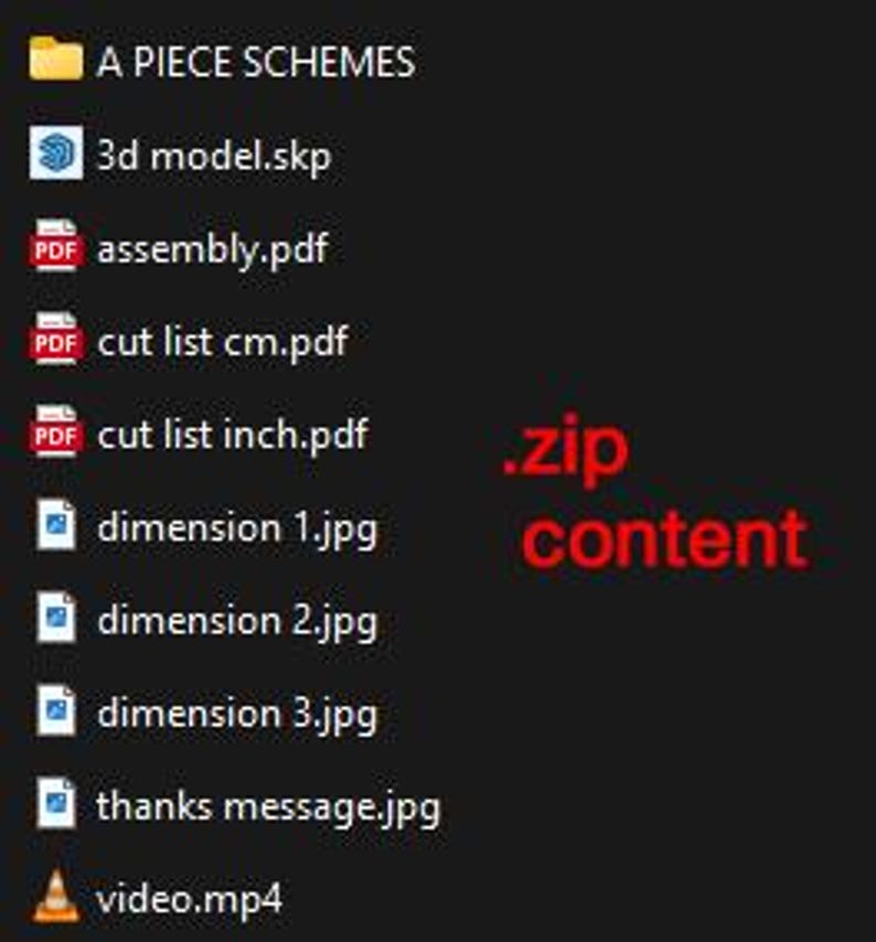 May include: A screenshot of a computer file directory labeled "A PIECE SCHEMES." The directory contains various file types, including PDF, JPG, and MP4, with the text ".zip content" in red.