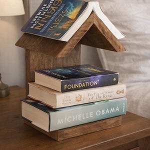 May include: A wooden book stand with a house-shaped design, holding four books. The books have titles including "NIN99", "FOUNDATION", "The Fellowship of the Ring", and "MICHELLE OBAMA". The stand is on a wooden nightstand.