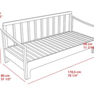 May include: A wooden daybed with a slatted base and backrest. The daybed is 70 1/4 inches long, 31 1/2 inches wide, and 11 7/16 inches deep. The frame has armrests and is shown in a line drawing.