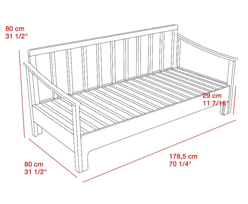 May include: A wooden daybed with a slatted base and backrest. The daybed is 70 1/4 inches long, 31 1/2 inches wide, and 11 7/16 inches deep. The frame has armrests and is shown in a line drawing.