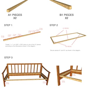 May include: Assembly diagram for a wooden bench. The image shows the required pieces, A1 and B1, and the steps for assembly, including measurements in inches and centimeters. The text reads "ASSEMBLY AND CUT SECTION 3 Required Pieces".