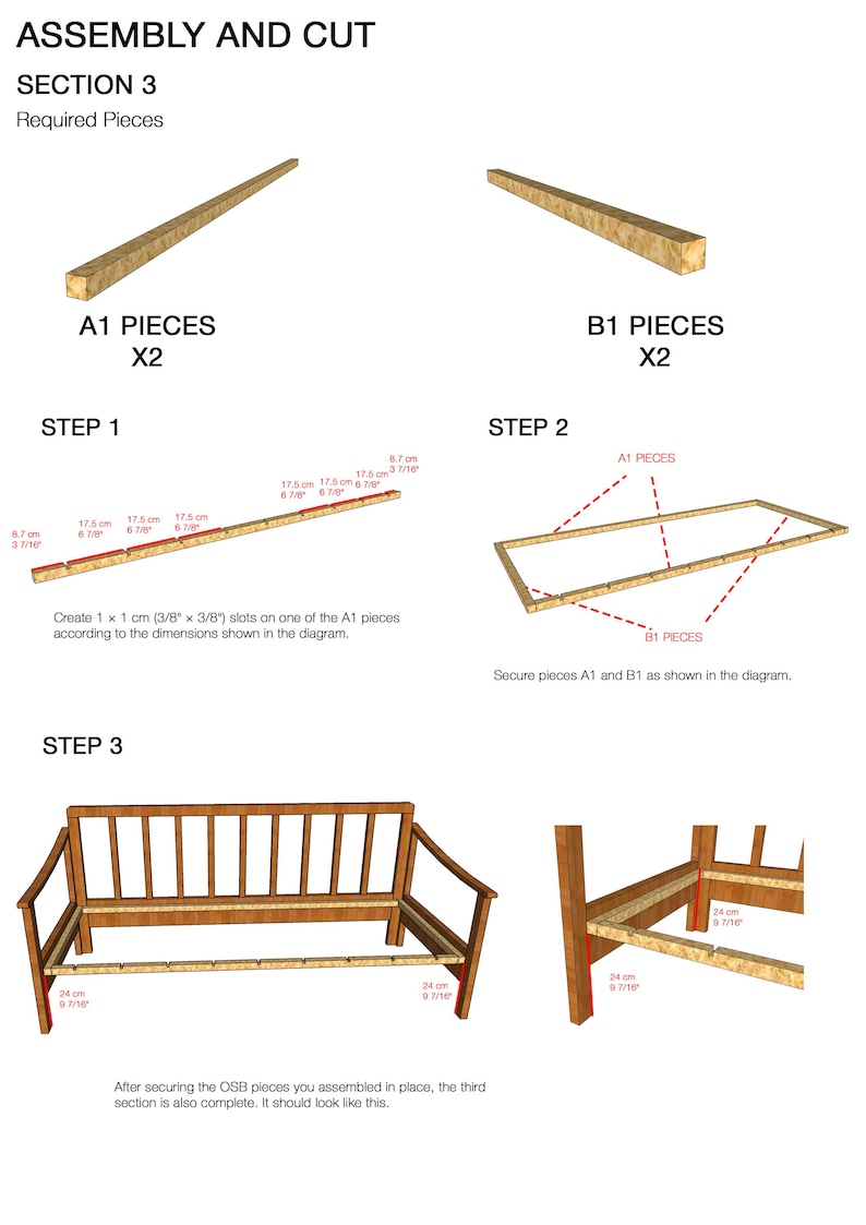 May include: Assembly diagram for a wooden bench. The image shows the required pieces, A1 and B1, and the steps for assembly, including measurements in inches and centimeters. The text reads "ASSEMBLY AND CUT SECTION 3 Required Pieces".