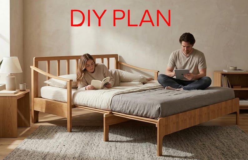 May include: A wooden bed frame with a headboard and footboard. A person is reading a book on the bed, while another person is using a tablet. The words "DIY PLAN" are displayed in red on the wall.