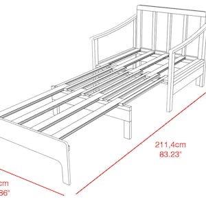 May include: Line drawing of a wooden daybed with dimensions labeled. The bed is 86cm (33.86") wide, 211.4cm (83.23") long, and 78cm (30.71") high. The design features a slatted base and a headboard with vertical slats.