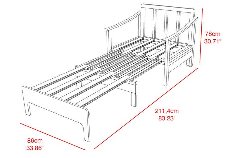 May include: Line drawing of a wooden daybed with dimensions labeled. The bed is 86cm (33.86") wide, 211.4cm (83.23") long, and 78cm (30.71") high. The design features a slatted base and a headboard with vertical slats.