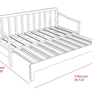 May include: Line drawing of a wooden daybed with dimensions labeled. The daybed is 70 1/4 inches long, 58 1/16 inches wide, and 31 1/2 inches high. The bed frame has a slatted base and a backrest with vertical slats.