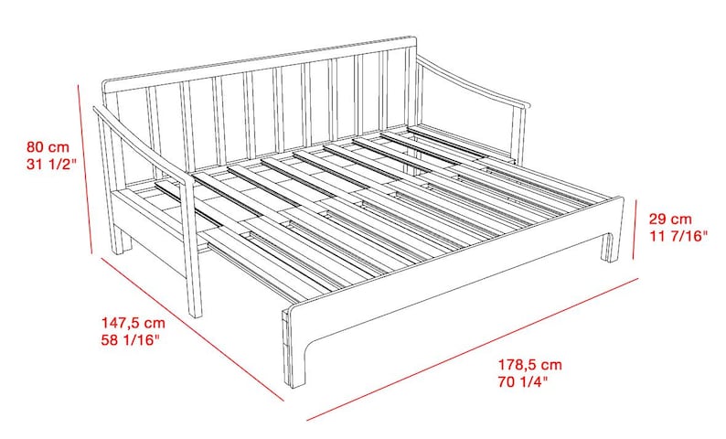 May include: Line drawing of a wooden daybed with dimensions labeled. The daybed is 70 1/4 inches long, 58 1/16 inches wide, and 31 1/2 inches high. The bed frame has a slatted base and a backrest with vertical slats.