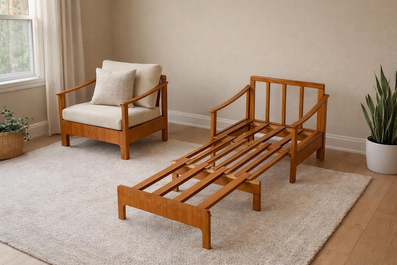 May include: Two wooden chairs with light-colored cushions and a wooden frame. One chair is a lounge chair, and the other is a chair with a frame that can be extended. The chairs are on a light-colored rug.