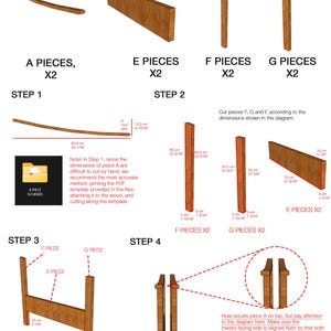 May include: Assembly diagram for a wooden furniture piece. The image shows various wood pieces with measurements in inches and centimeters, along with assembly steps. Text includes instructions and dimensions for cutting and joining the pieces.