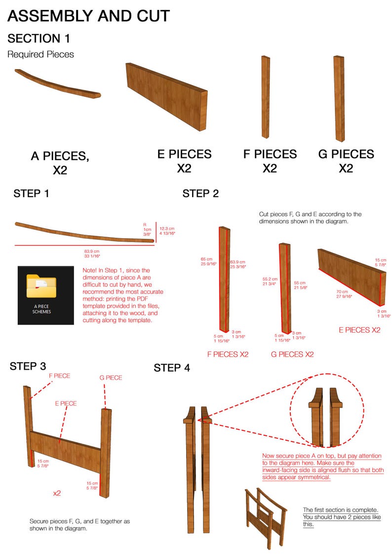 May include: Assembly diagram for a wooden furniture piece. The image shows various wood pieces with measurements in inches and centimeters, along with assembly steps. Text includes instructions and dimensions for cutting and joining the pieces.