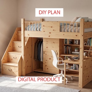 Pode incluir: Uma cama alta de madeira de cor clara com escada integrada com gavetas, um guarda-roupa com portas de correr e uma secretária integrada com prateleiras. O texto DIY PLAN e DIGITAL PRODUCT é exibido sobre a estrutura.