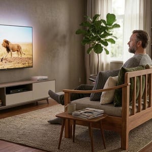 May include: A living room scene featuring a large television displaying a lion in a savanna setting. A man sits on a wooden sofa, with a small table holding a mug and magazines. The room has a neutral color palette with a rug and a bookshelf.