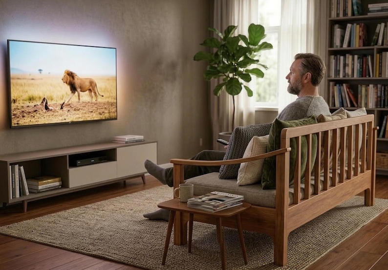 May include: A living room scene featuring a large television displaying a lion in a savanna setting. A man sits on a wooden sofa, with a small table holding a mug and magazines. The room has a neutral color palette with a rug and a bookshelf.