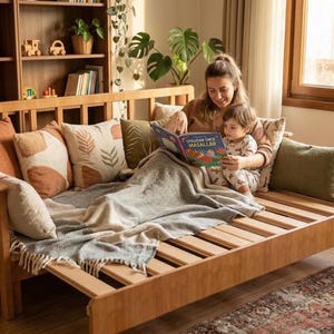 May include: A light-colored wooden daybed with several decorative pillows and a blanket. A person and a child are sitting on the bed, reading a book with colorful illustrations. The room has a bookshelf and a window.