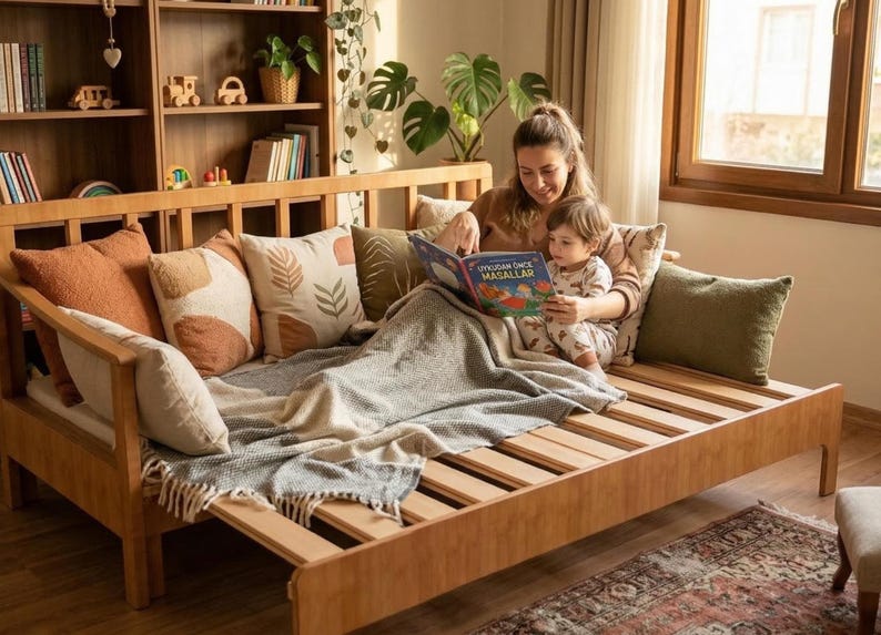 May include: A light-colored wooden daybed with several decorative pillows and a blanket. A person and a child are sitting on the bed, reading a book with colorful illustrations. The room has a bookshelf and a window.