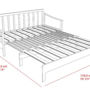 May include: A wooden daybed frame with a slatted base, measuring 83 1/4" long, 70 1/4" wide, and 31 1/2" high. The frame includes a headboard and armrests. The side of the bed is 11 7/16" high.