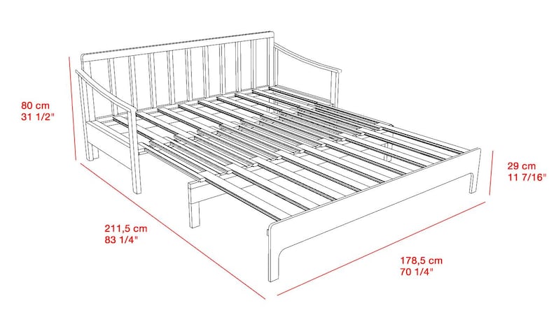 May include: A wooden daybed frame with a slatted base, measuring 83 1/4" long, 70 1/4" wide, and 31 1/2" high. The frame includes a headboard and armrests. The side of the bed is 11 7/16" high.