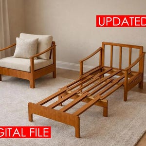 May include: A wooden armchair with beige cushions and a matching wooden daybed frame. The image features red text boxes with the words UPDATED! and DIGITAL FILE. The furniture has a medium brown finish and a slatted design on the daybed frame.