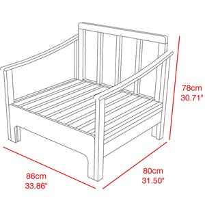 May include: Line drawing of a wooden armchair with armrests and a slatted seat and back. The chair is 33.86 inches wide, 31.50 inches deep, and 30.71 inches high.