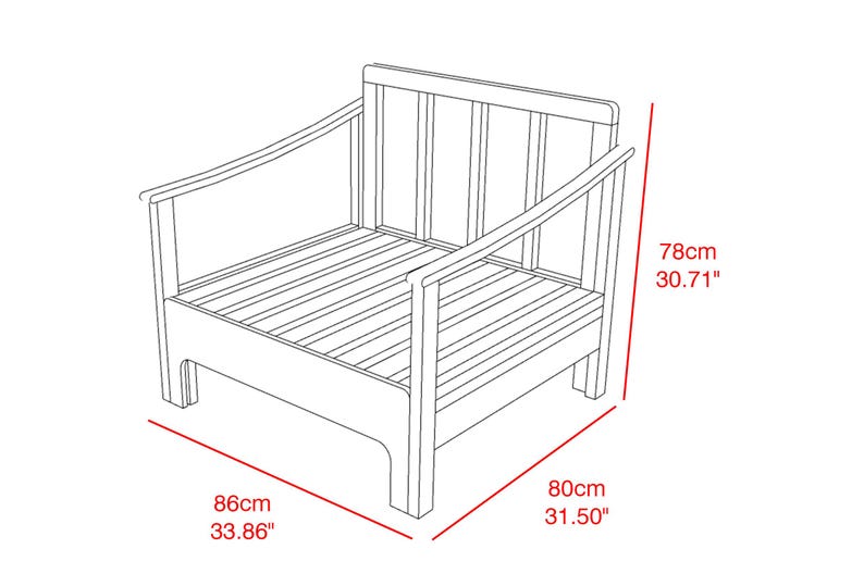 May include: Line drawing of a wooden armchair with armrests and a slatted seat and back. The chair is 33.86 inches wide, 31.50 inches deep, and 30.71 inches high.