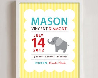 Personalized Birth print elephant wall art - 8x10 print