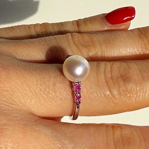 Sterling silver myanmar ruby cultured freshwater pearl ring, handcrafted rhodium plated