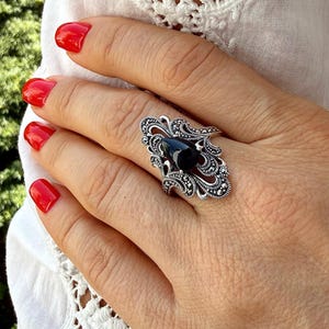 Marcasite ring, natural black onyx, sterling silver 925, art deco style with natural marcasite stone, vintage inspired gemstone jewelry