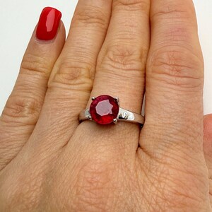 Sterling silver natural ruby ring, round solitaire, july birthstone, handcrafted rhodium plated, 8 mm