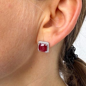 Natural ruby stud earrings, cushion square halo 8mm, 3.1ct per ear, sterling silver 925 rhodium plated, July birthstone