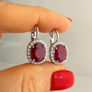 Natural ruby halo earrings lever back, African oval 8.8ct, sterling silver 925 rhodium plated, July birthstone