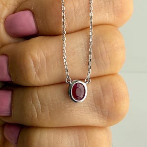 Natural Burma ruby pendant necklace, oval bezel setting in sterling silver, july birthstone, rhodium plated