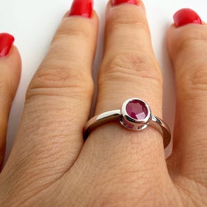 Natural Burma ruby ring sterling silver, oval solitaire bezel set, rhodium plated, July birthstone
