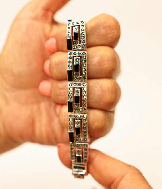 Bracciale Lungo Vintage Art Deco In Cristallo E Marcasite, Argento Placcato, 18 Cm