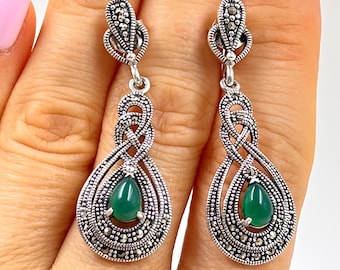 Sterling silver dangle earrings for women with green agate and marcasite in art nouveau teardrop, elegant hand finished design, gift for her