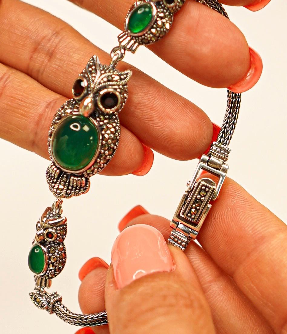 Sterling silver owl bracelet with green agate, garnet and marcasite stones, hand-finished animal tot