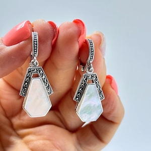 Sterling silver art deco dangle earrings for women with mother of pearl and marcasite, geometric design, hand finished artisan jewelry gift