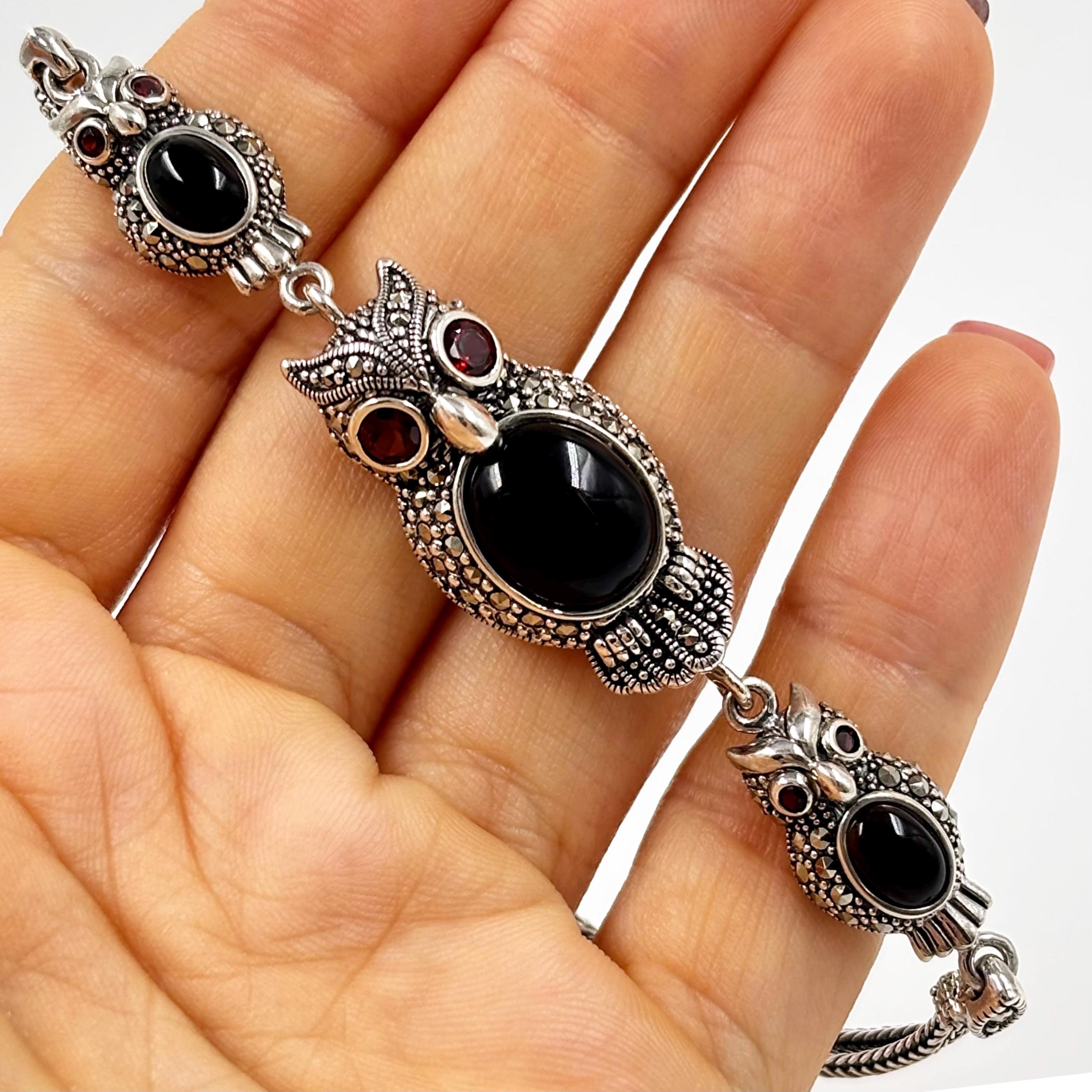 Sterling Silver 925 Owl Bracelet for Women, Handcrafted with Onyx and Garnet, Marcasites Art Deco Je