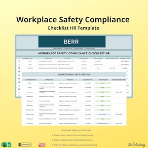 May include: A Workplace Safety Compliance Checklist HR Template with the BERR logo. The checklist includes sections for inspections and details, with areas like office, warehouse, and parking lot. The template is designed for easy tracking of safety checks.