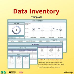 May include: A data inventory template in teal and white. The template includes charts, tables, and the text "Data Inventory" and "All-in-One Data Inventory Dashboard". It is designed for tracking data assets and visualising retention timelines.