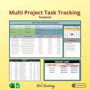 May include: A digital template titled "Multi Project Task Tracking" with tables for project details, task descriptions, and project costs. The template includes a calendar and a download button. The color scheme is yellow, green, and white.