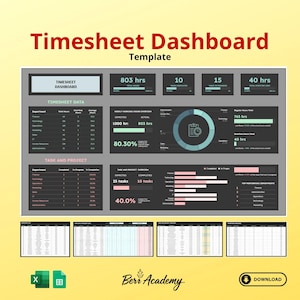 May include: A digital timesheet dashboard template with a dark gray and teal color scheme. The title "Timesheet Dashboard Template" is in red. The dashboard displays data, including hours, tasks, and project overviews. Includes the text "Berr Academy" and a download button.