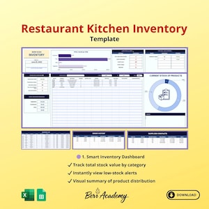 May include: A Restaurant Kitchen Inventory Template with a purple and blue color scheme. The template includes sections for inventory, stock alerts, and supplier contacts. The image also includes the text "Smart Inventory Dashboard" and "Download".