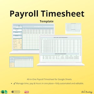 Può includere: Un modello digitale di timesheet del libro paga visualizzato su due laptop bianchi e due schermi più piccoli. Il testo "Payroll Timesheet Template" è in alto. Il modello include sezioni per tempo, stipendio e ore.
