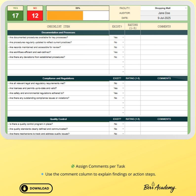 Audit Checklist Template: Google Sheets Internal Audit Tracker - Etsy