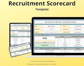 Recruitment Scorecard Template, Google Sheets HR Tool, Candidate Evaluation, Interview Assessment, Hiring Decision Support