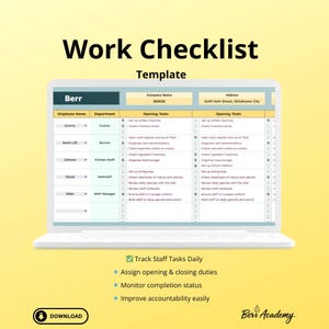 May include: A white laptop displays a "Work Checklist Template" with a yellow background. The checklist includes employee names, departments, and opening tasks. Text at the bottom highlights features like tracking tasks and assigning duties. The image includes a download button.